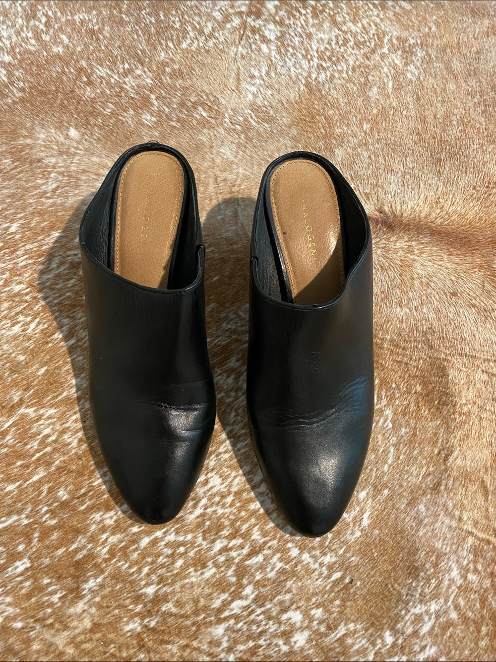 Women's Halogen  Black Leather Slip-On Mule with Wood Block Heel size 7.5 - Picture 2 of 4